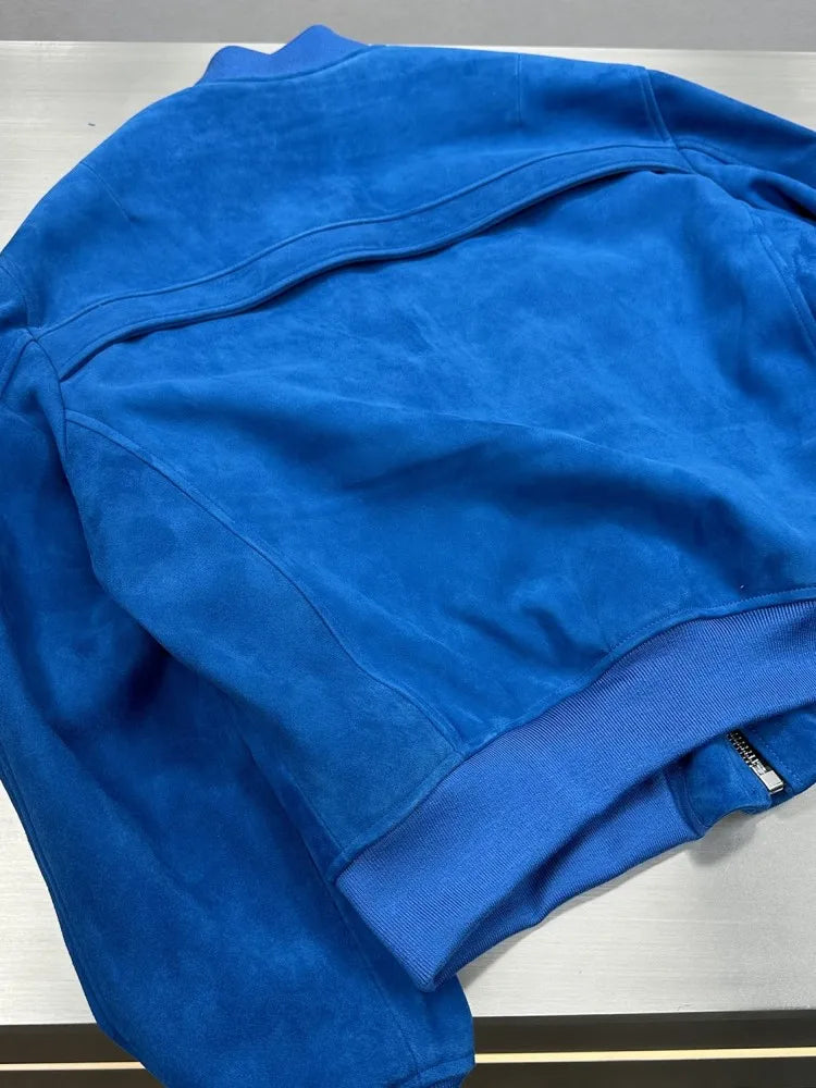 Bomber homme en cuir bleu aspect daim – CLEVI Paris