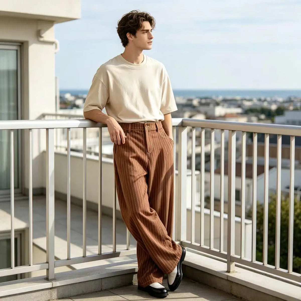 Pantalon homme rayé taille haute coupe large – CLEVI Paris