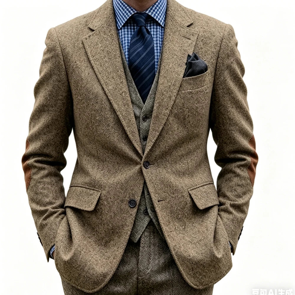 Blazer homme en tweed, revers cranté et coudes – CLEVI Paris