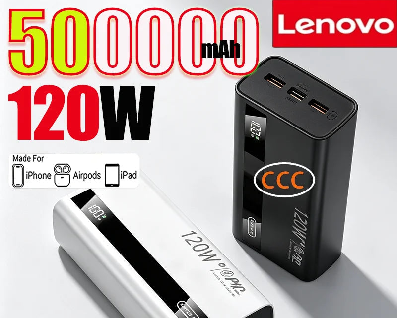 Batterie Externe Lenovo 120W Charge Rapide Bidirectionnelle Certifiée 3C Affichage LED USB-C 245g – CLEVI Paris