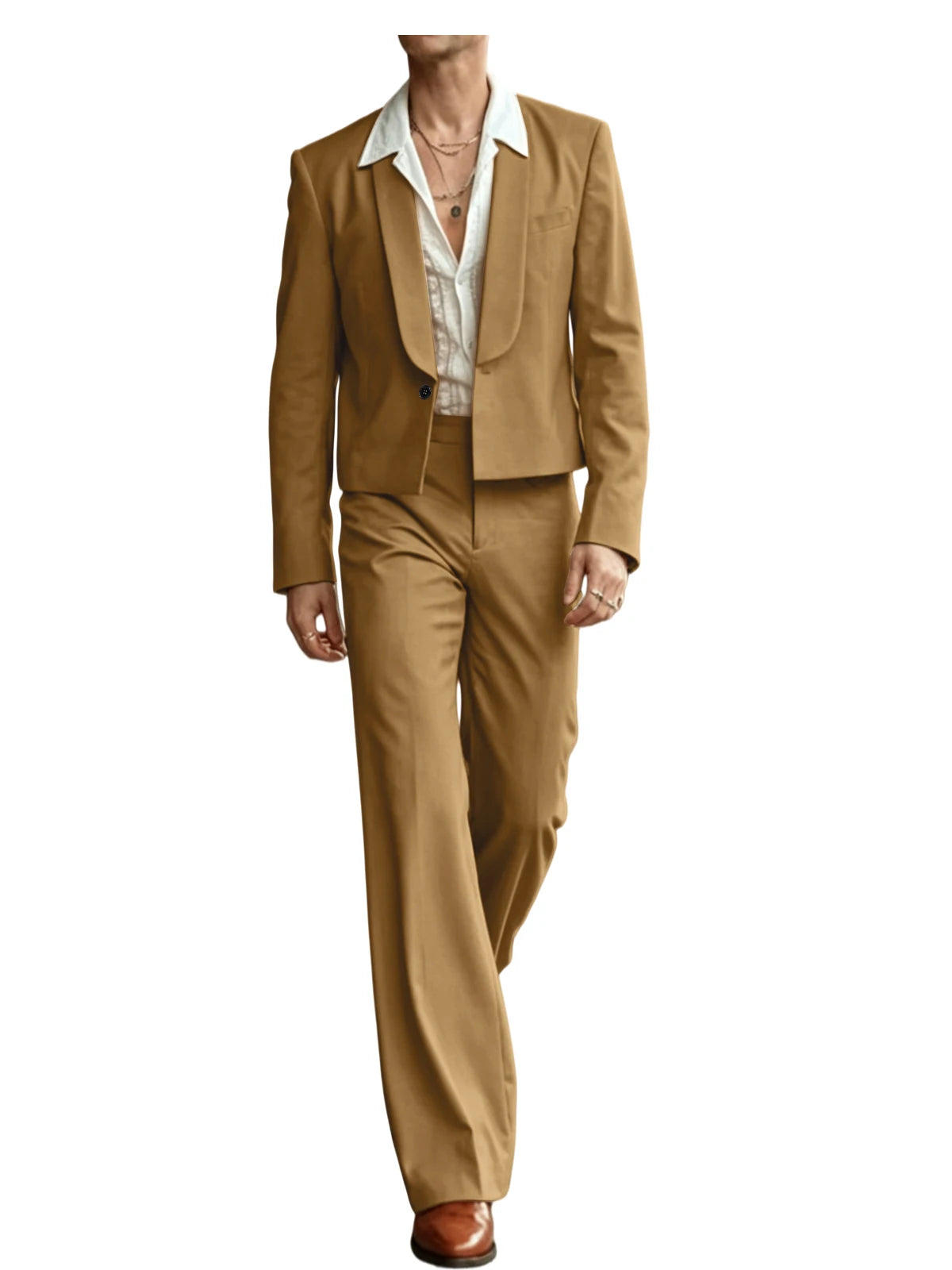 Costume 2 Pièces Homme Blazer Court Col Châle + Pantalon Évasé Taille Haute Style Vintage Slim Fit – CLEVI Paris