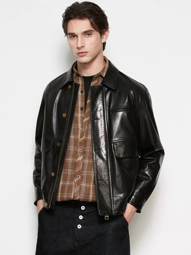 Veste cargo homme en cuir de mouton noir – CLEVI Paris