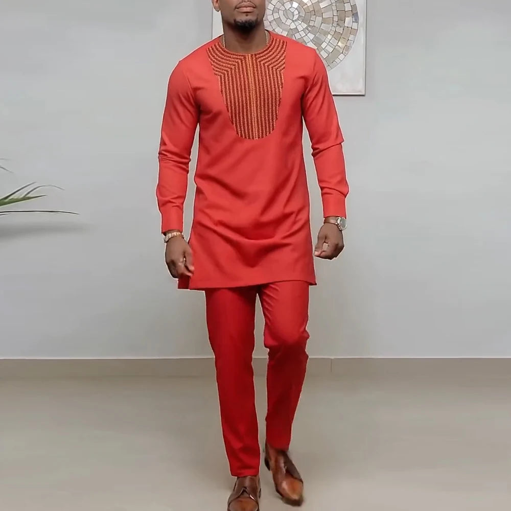 Ensemble Kaftan Homme Col Rond Manches Longues Tenue Africaine Traditionnelle 2 Pièces – CLEVI Paris