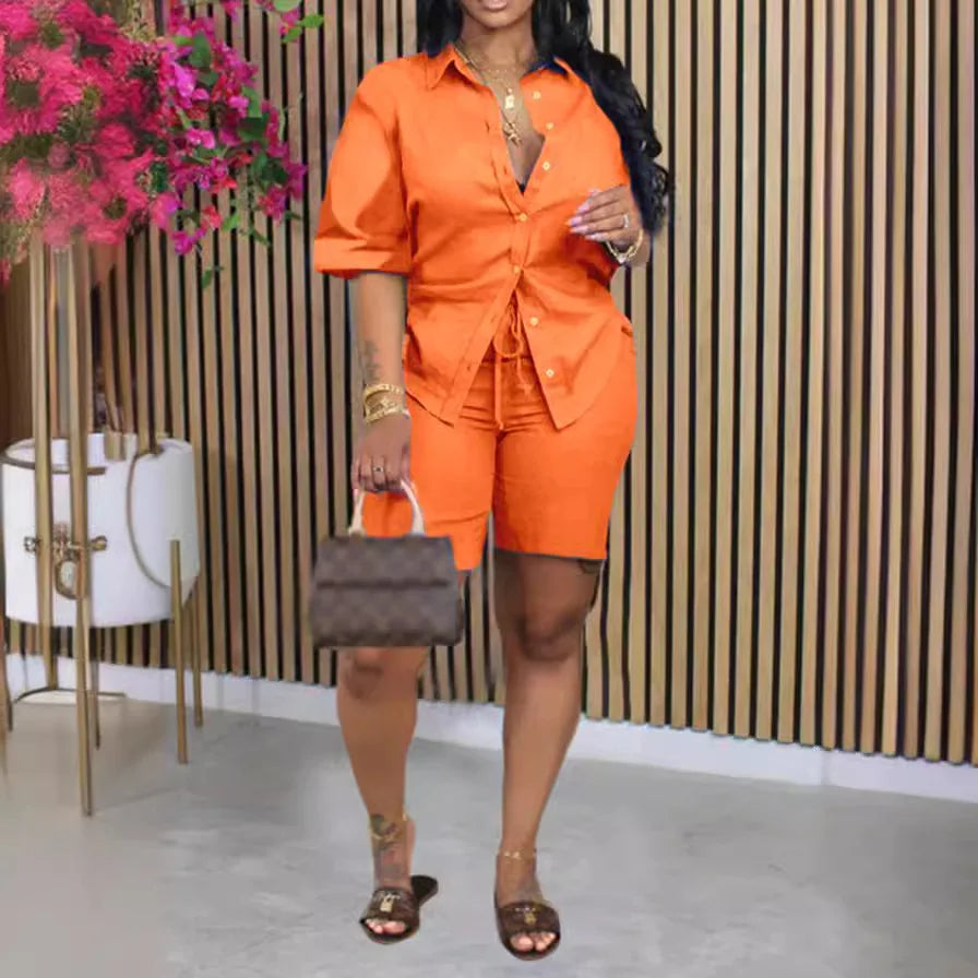 Ensemble Femme Chemise Col Rabattu Manches Courtes + Short Taille Élastique Casual Y2K Streetwear – CLEVI Paris