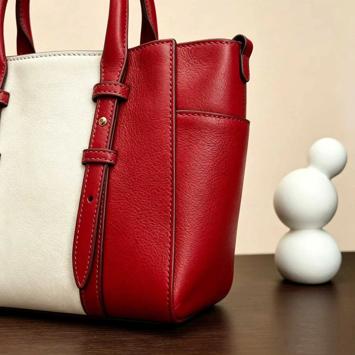 Sac Cabas Femme Cuir Véritable Léger Beige & Rouge – CLEVI Paris