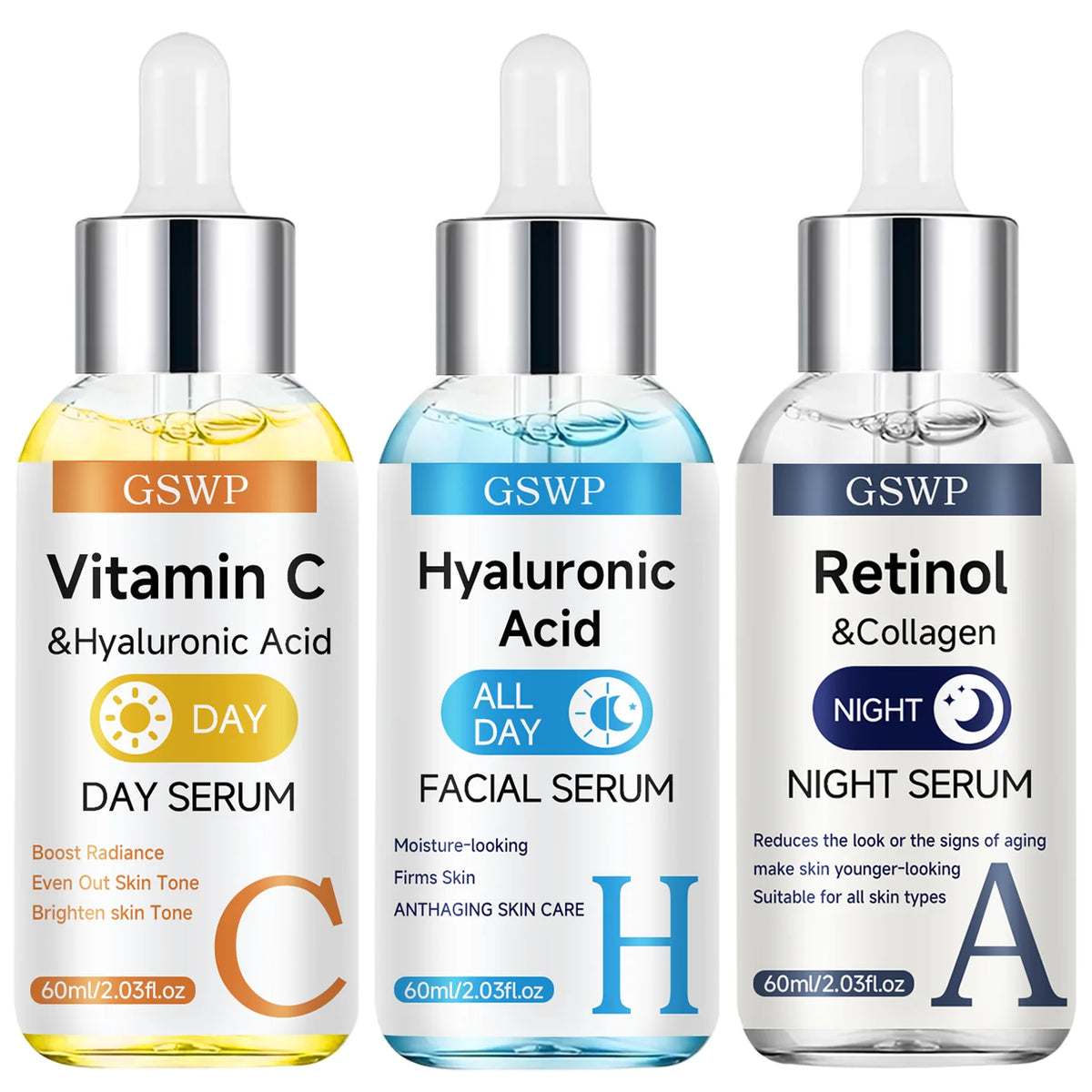 Sérum Jour & Nuit GSWP – Vitamine C, Rétinol & Acide Hyaluronique – Hydratant, Raffermissant & Éclaircissant – CLEVI Paris