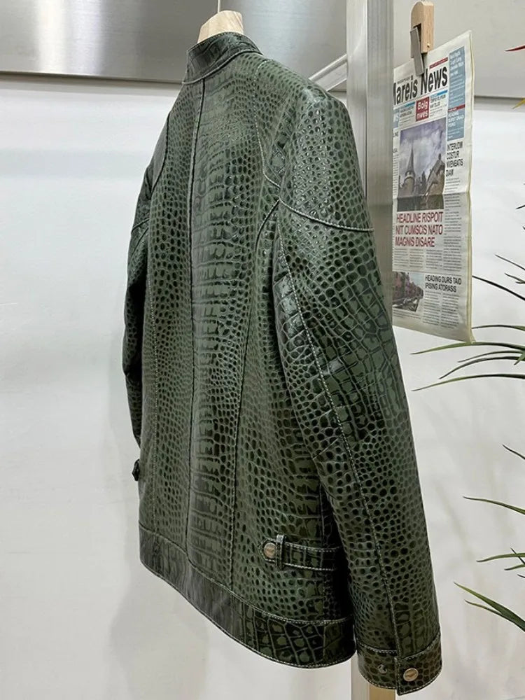 Blouson homme en cuir vert motif crocodile – CLEVI Paris