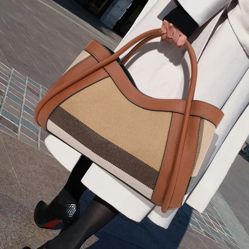 Tote Bag Toile & Cuir Femme Motif Carreaux Anses Larges – CLEVI Paris