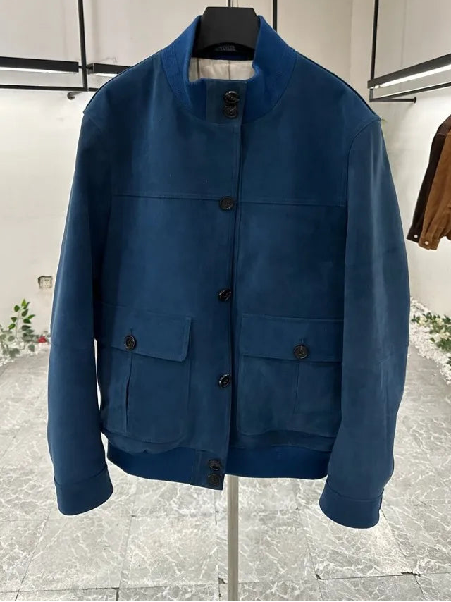 Veste homme bleue aspect daim à col montant – CLEVI Paris