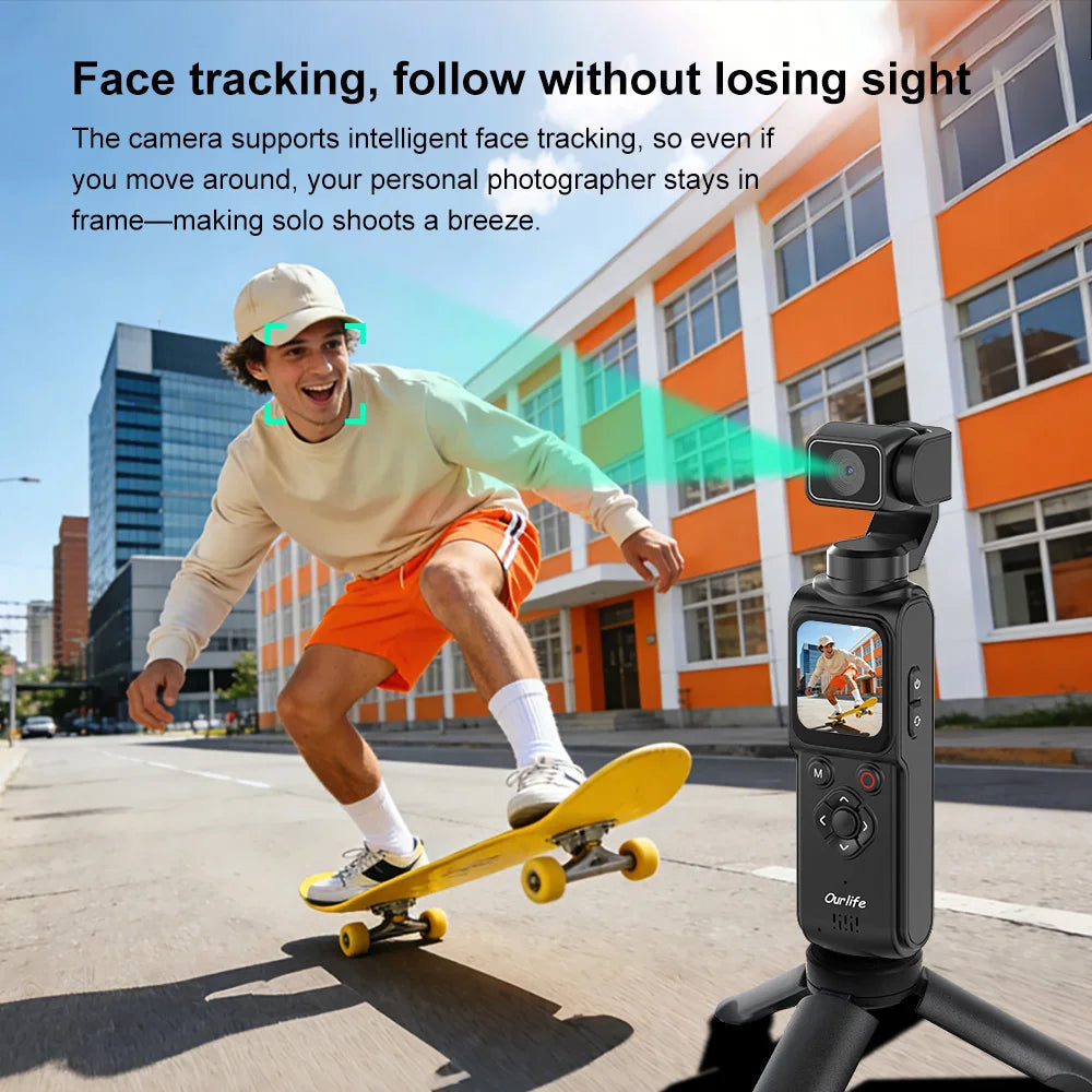 Caméra Sport 4K Ourlife M105 – Suivi Facial 330°, Gimbal, Écran Tactile 1,72" & 64 MP – CLEVI Paris
