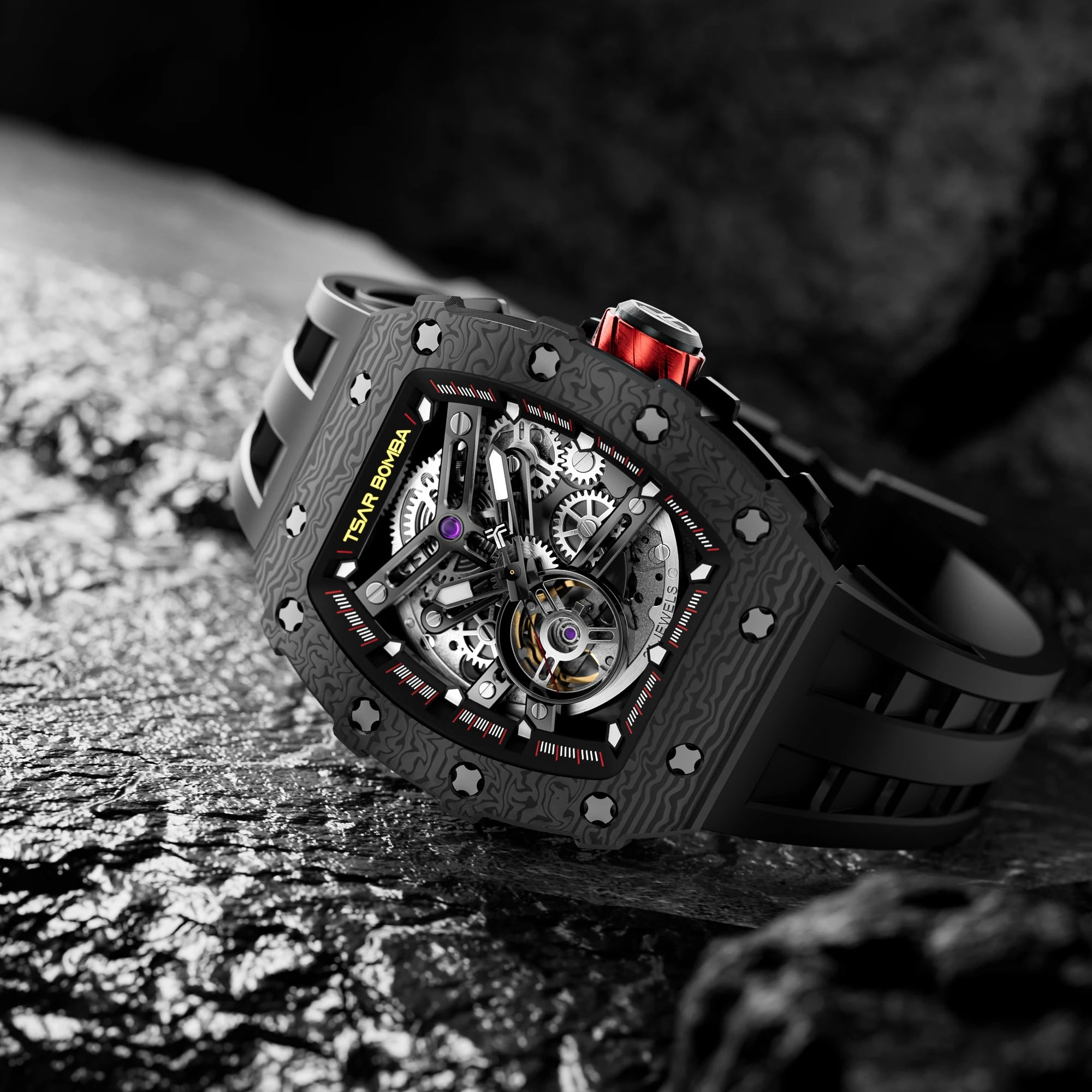 Montre Homme Automatique Squelette Tonneau Carbone Roue 7h Tsar Bomba TB8208CF – CLEVI Paris