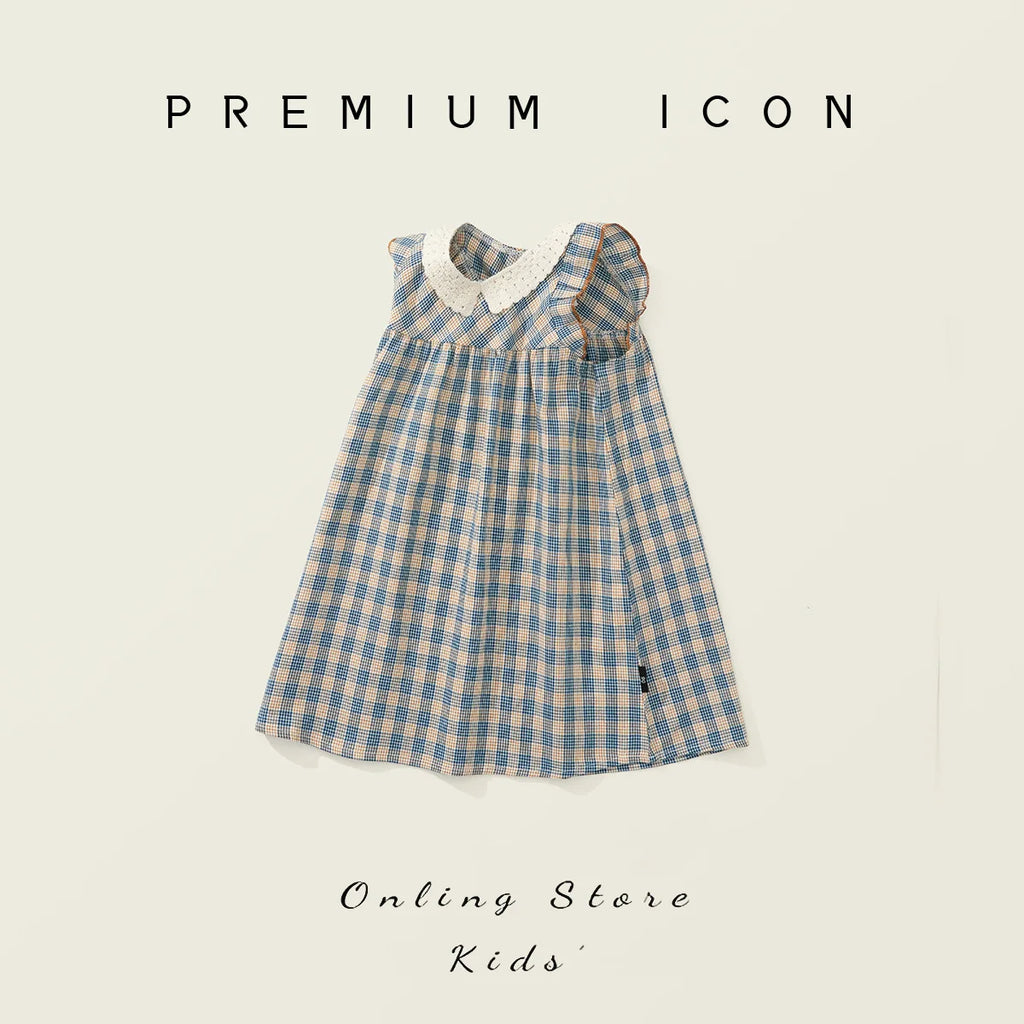 Robe fille bleue à carreaux et col Claudine – CLEVI Paris