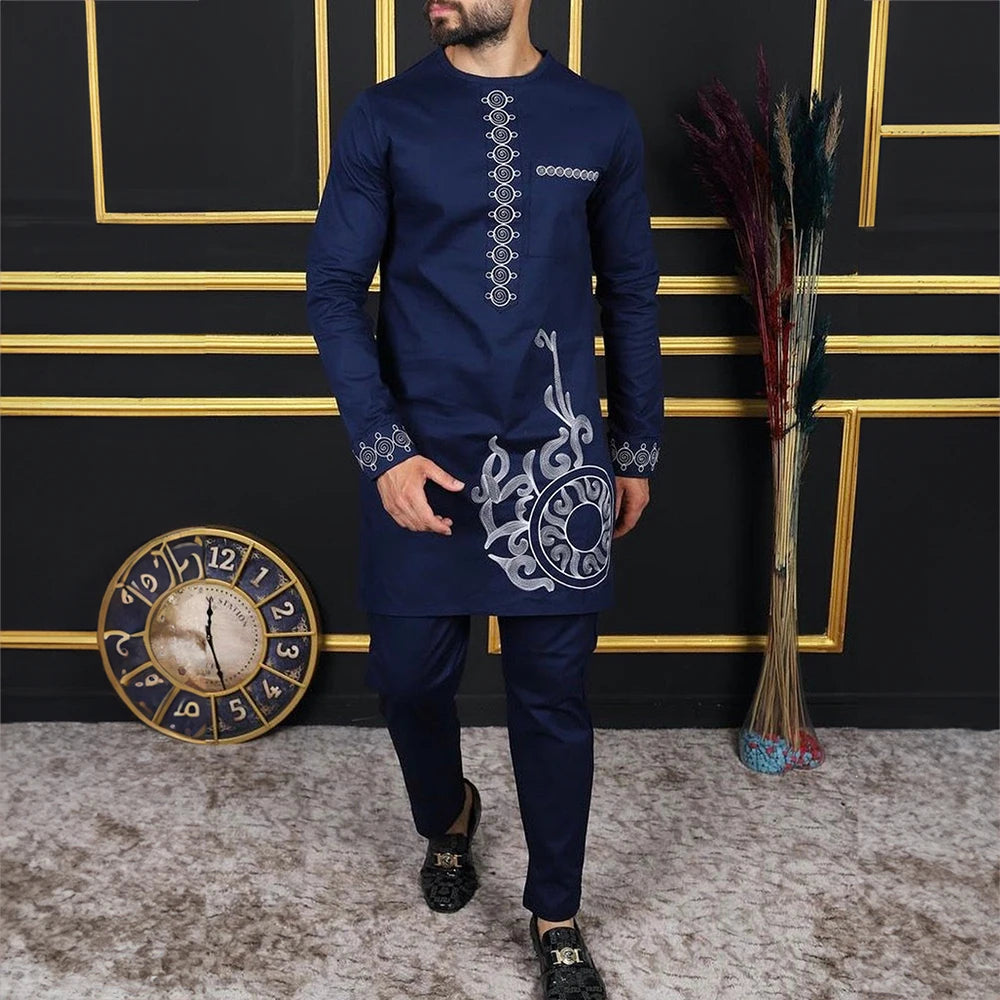 Ensemble 2 Pièces Homme Style Africain Chemise Manches Longues Col Rond + Pantalon Cordon Élégant XS-XXL – CLEVI Paris
