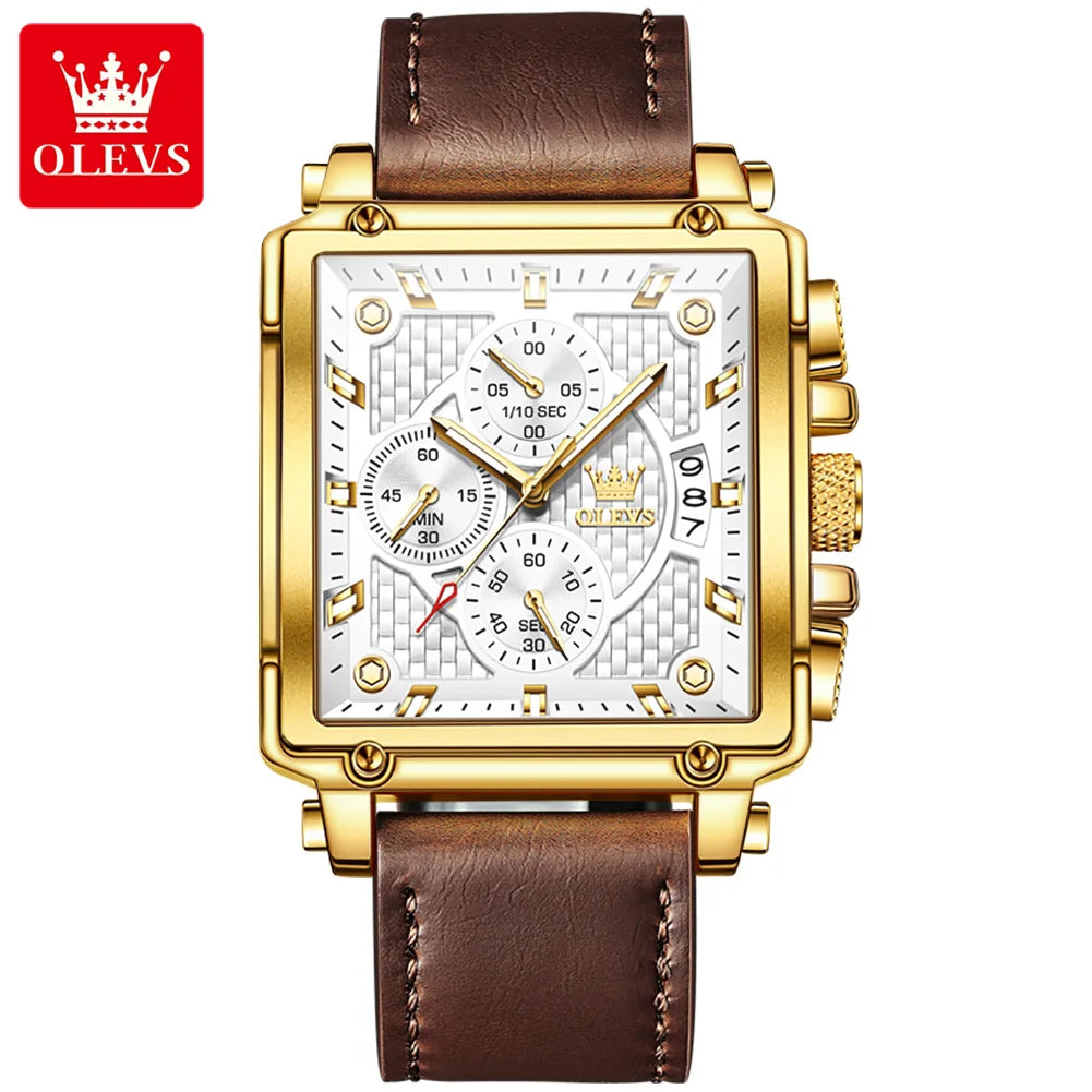 OLEVS 9925 Montre Homme Quartz Carrée Chronographe Date Lumineux Cuir 30M – CLEVI Paris