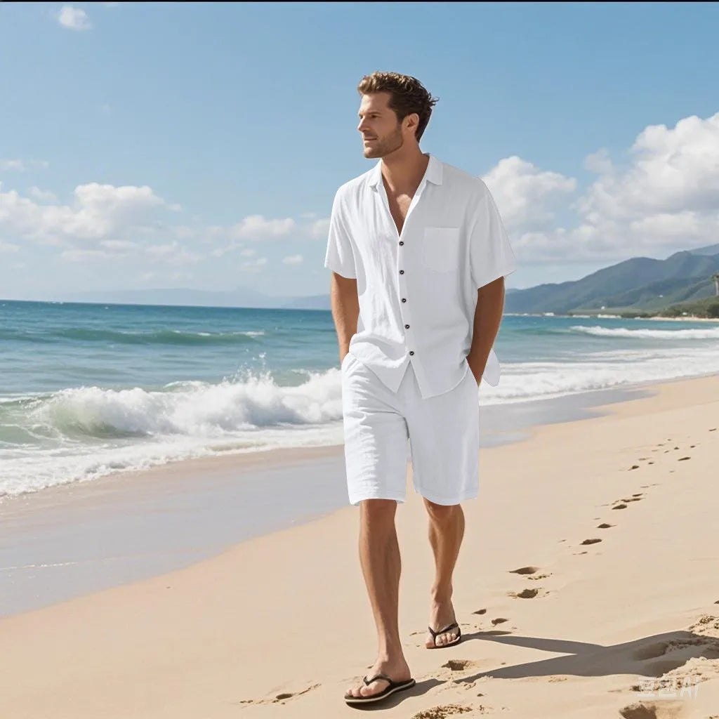 Ensemble 2 Pièces Homme Lin Chemise Manches Courtes + Short Casual Plage Été – CLEVI Paris
