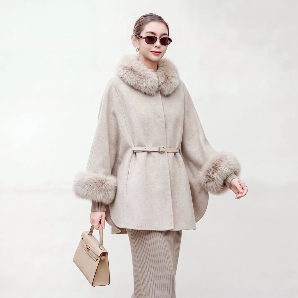 Manteau cape laine et col renard amovible – CLEVI Paris