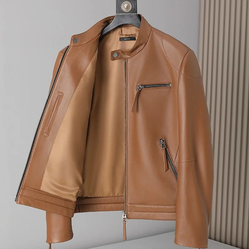 Blouson homme en cuir à col montant zippé – CLEVI Paris