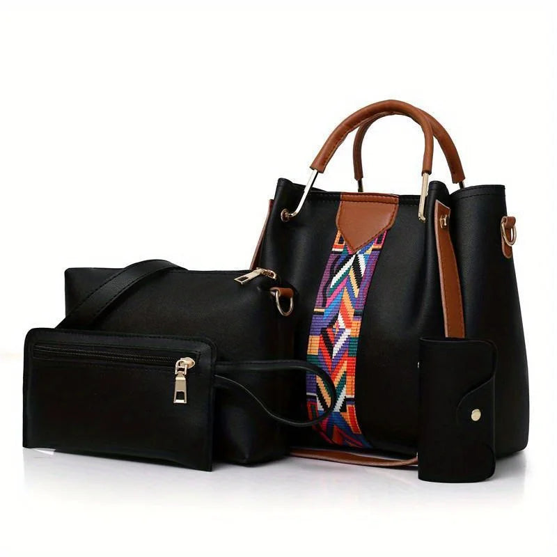Coffret 4 Sacs Femme PU Rayé Tote + Croisé + Pochette + Porte-Cartes – CLEVI Paris