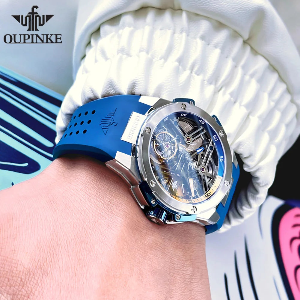 OUPINKE 8003 Montre Homme Tourbillon Automatique Saphir Silicone Bicolore 5ATM – CLEVI Paris