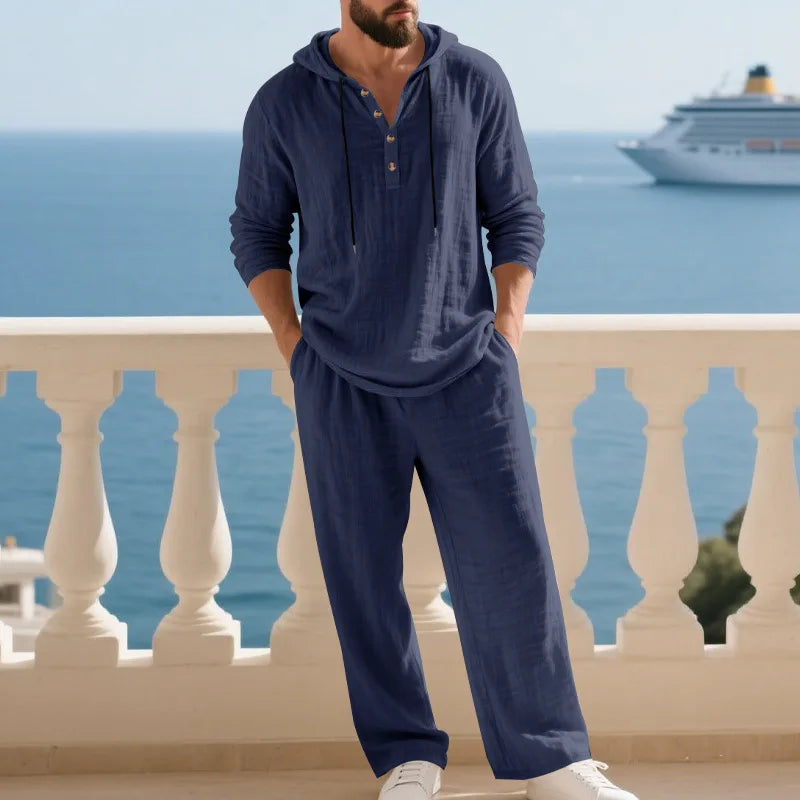 Ensemble Homme Chemise Henley Lin À Capuche Manches Longues + Pantalon Casual Voyage Printemps Automne – CLEVI Paris
