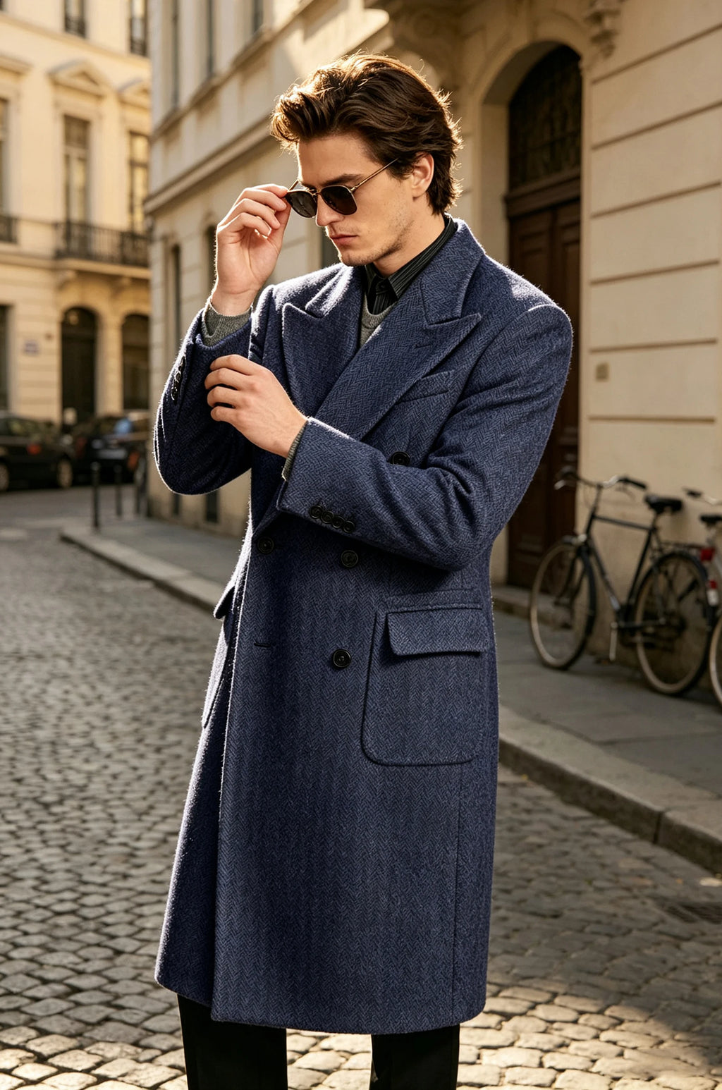 Manteau long homme tweed à chevrons – CLEVI Paris