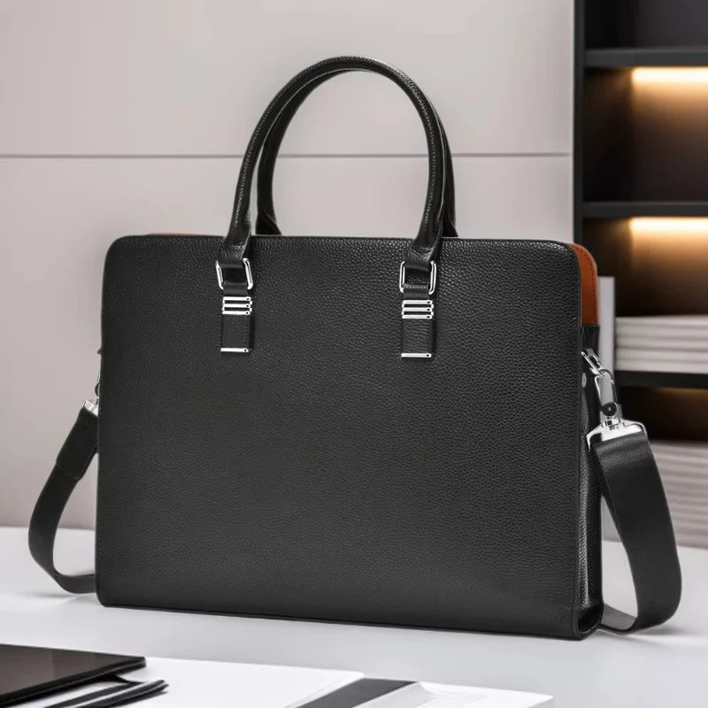 Serviette Homme Cuir Vache Rayures Luxe Laptop 14" 38x8x28cm – CLEVI Paris