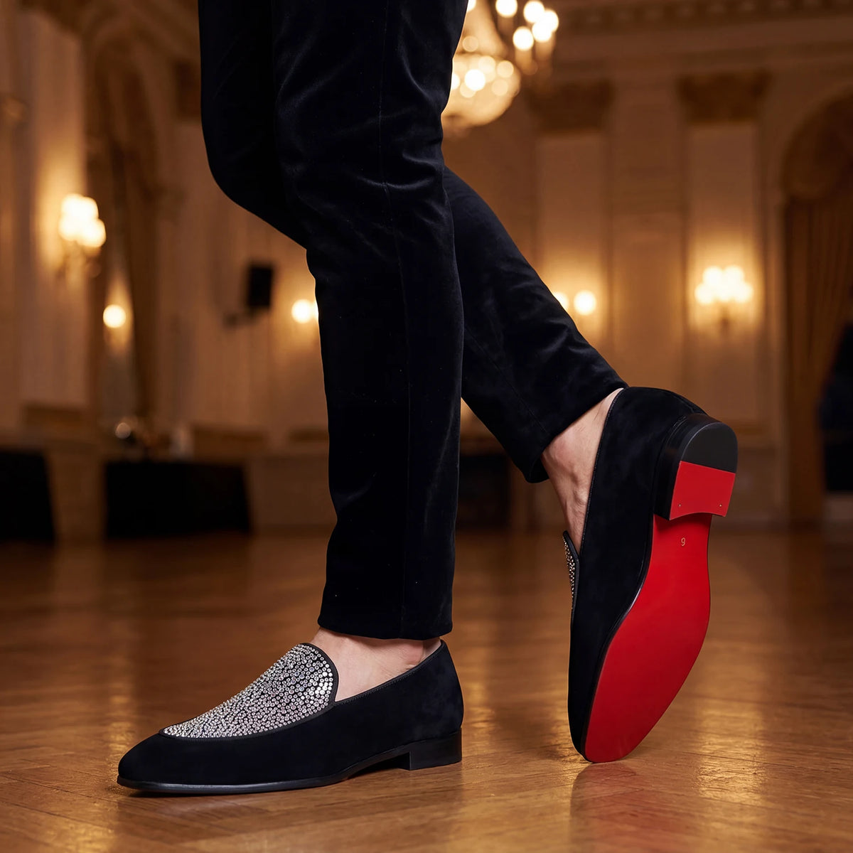 Mocassins Daim Cristaux Autrichiens Semelle Rouge Homme – CLEVI Paris