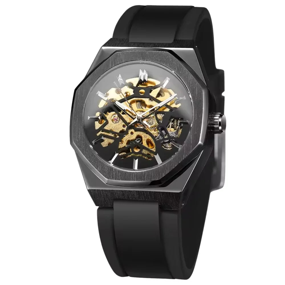 BLUO Montre Homme Automatique Squelette Octogone Acier Silicone 30M – CLEVI Paris