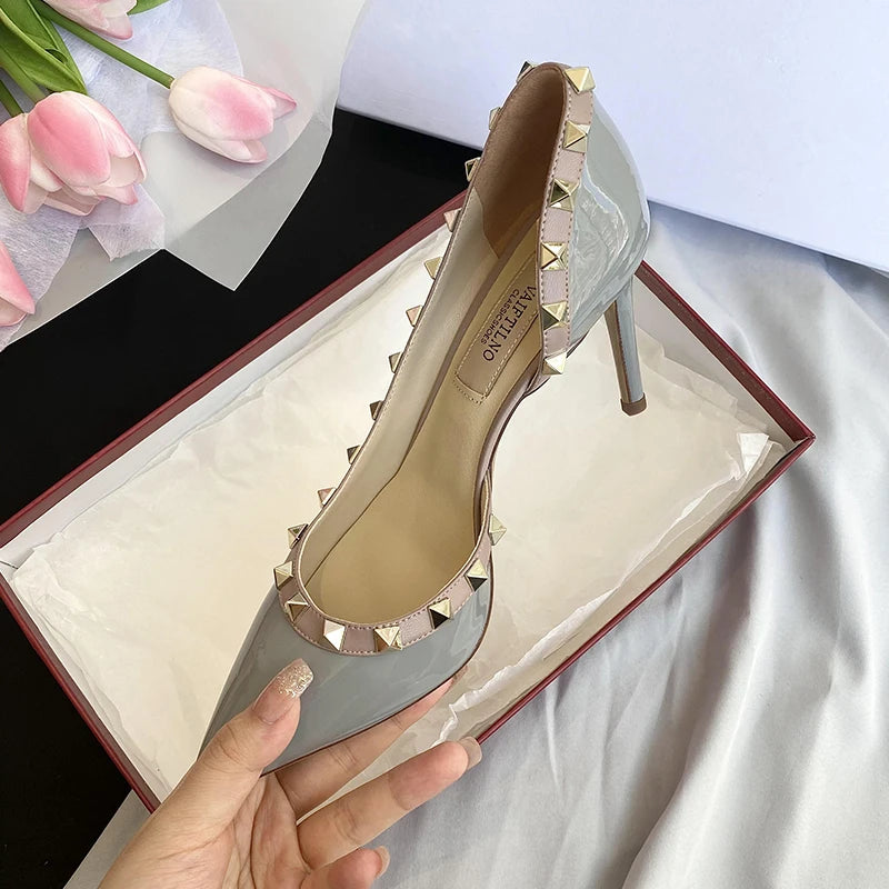 Escarpins Femme Talons Aiguilles Cuir Verni Rivets – CLEVI Paris