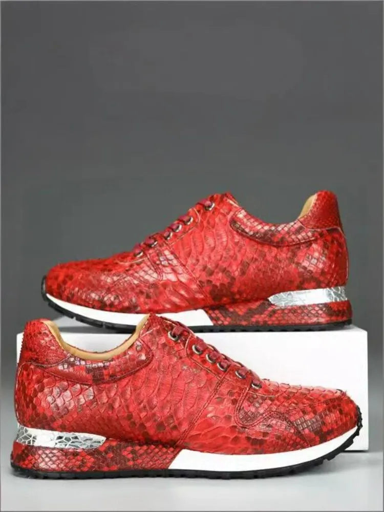 Sneakers Homme Cuir Snakeskin Lacets Plateforme Rouge – CLEVI Paris