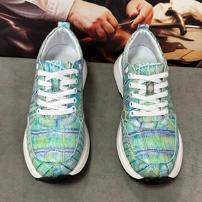 Sneakers Cuir Croco Bleu Peint Main Lacets Homme – CLEVI Paris