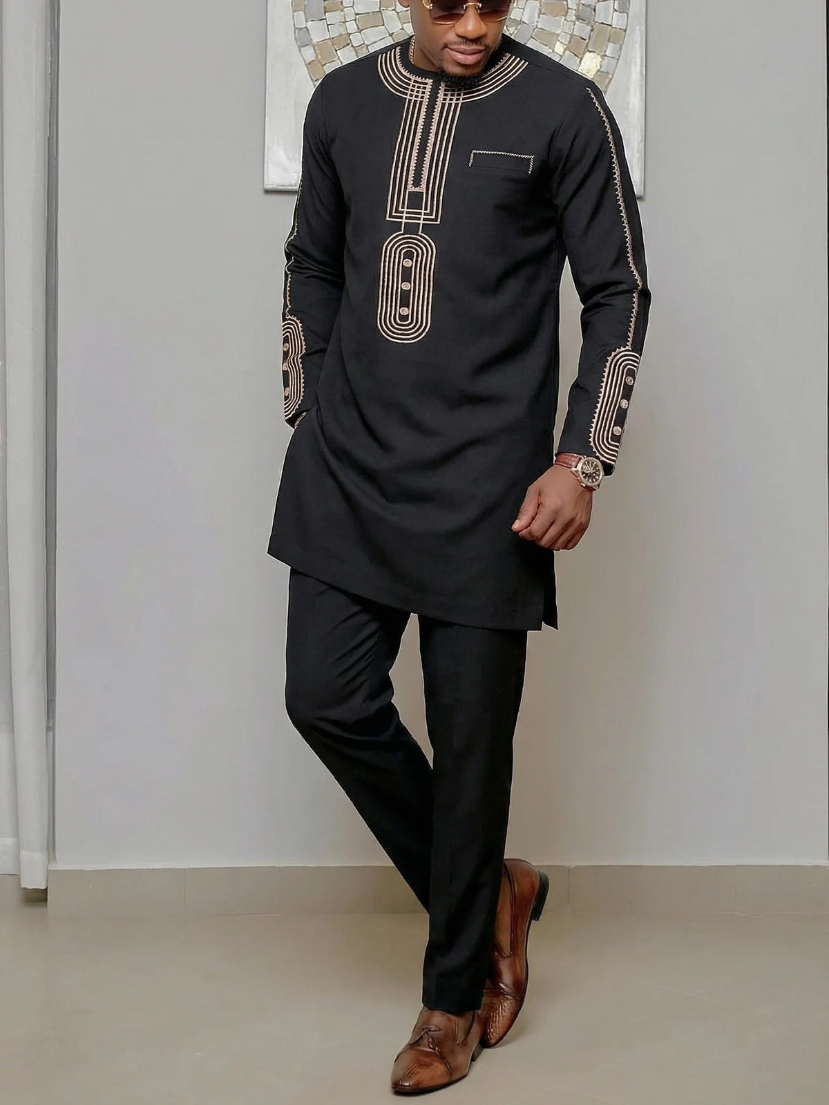 Ensemble Kaftan Homme Col Rond Manches Longues Tenue Africaine Traditionnelle 2 Pièces – CLEVI Paris