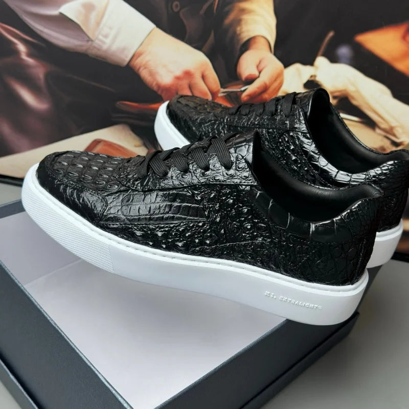 Sneakers Cuir Croco Noir Lacets Croisés Homme – CLEVI Paris
