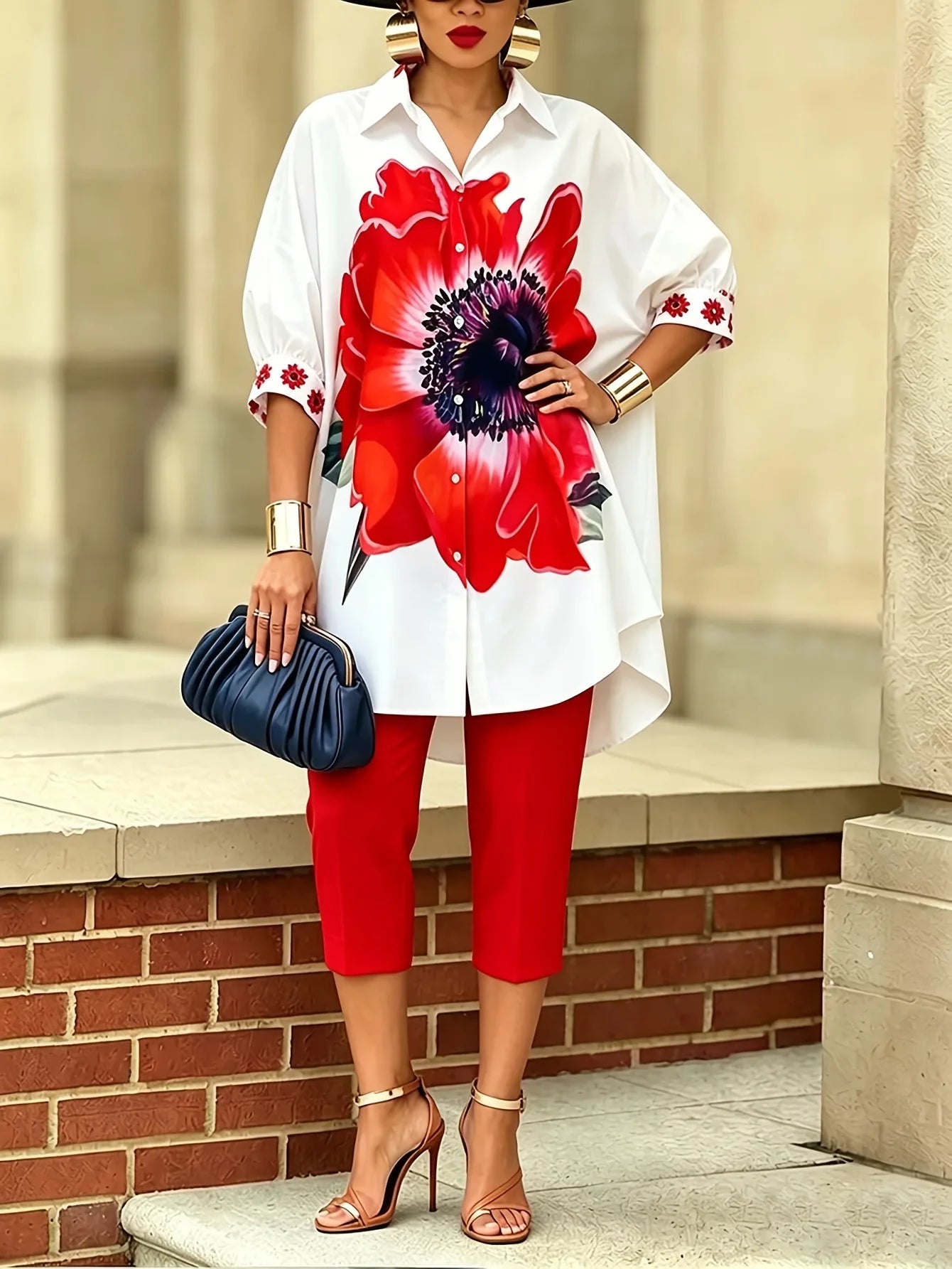 Ensemble 2 Pièces Femme Chemise Fleurie Col Rabattu Manches Courtes + Pantalon Crayon Taille Haute Casual Vintage Rouge – CLEVI Paris