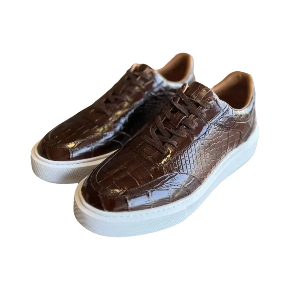 Sneakers Homme Cuir Croco Véritable – Bande Élastique, Imperméable | Marron ou Noir | Tailles 38–45