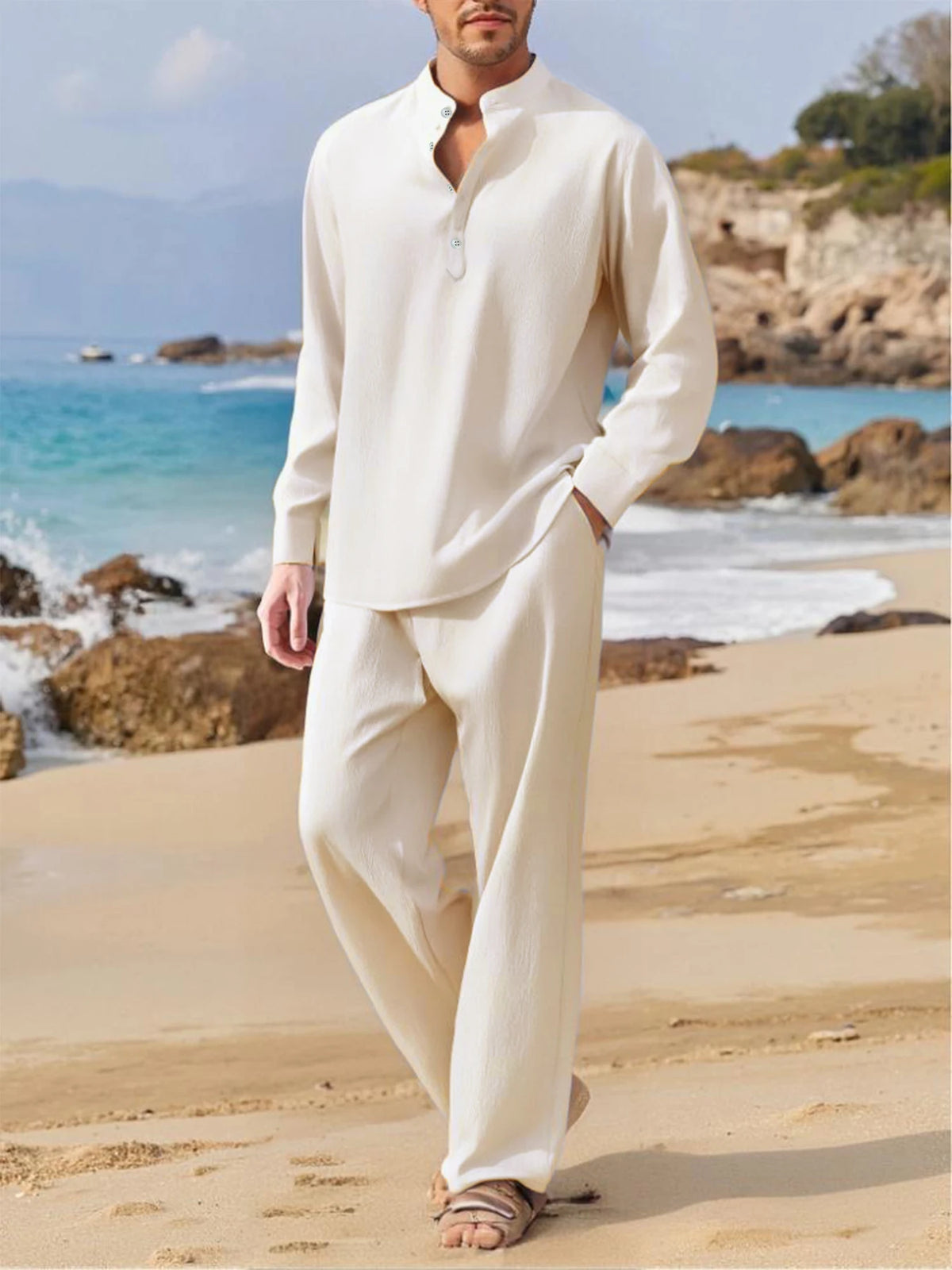 Ensemble Homme Chemise Col V Sans Manches + Pantalon Casual Beach Outdoor – CLEVI Paris