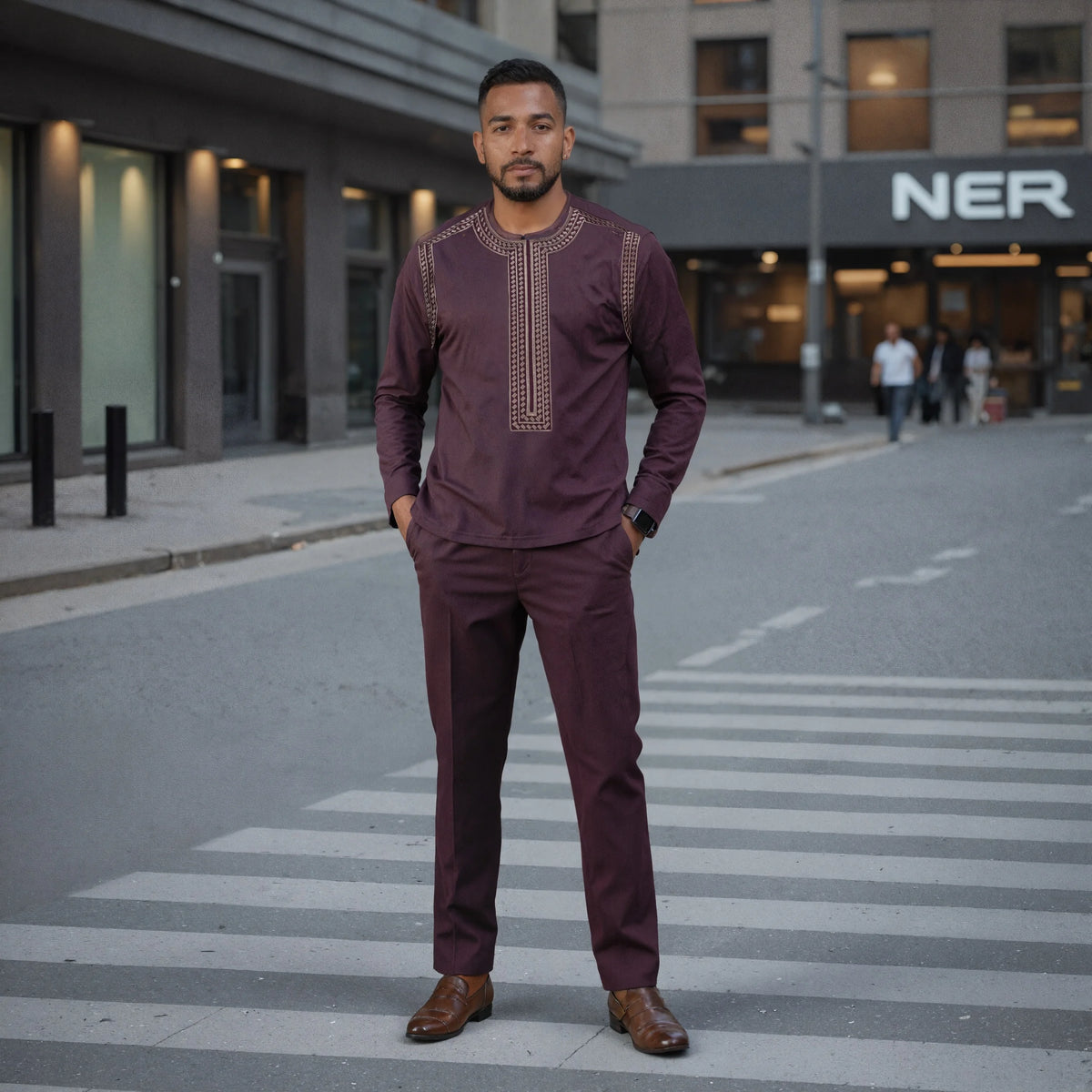 Kaftan Dashiki Homme 2 Pièces Brodé Manches Longues Col Rond + Pantalon Élastique Style Africain Mariage Fête M-4XL – CLEVI Paris