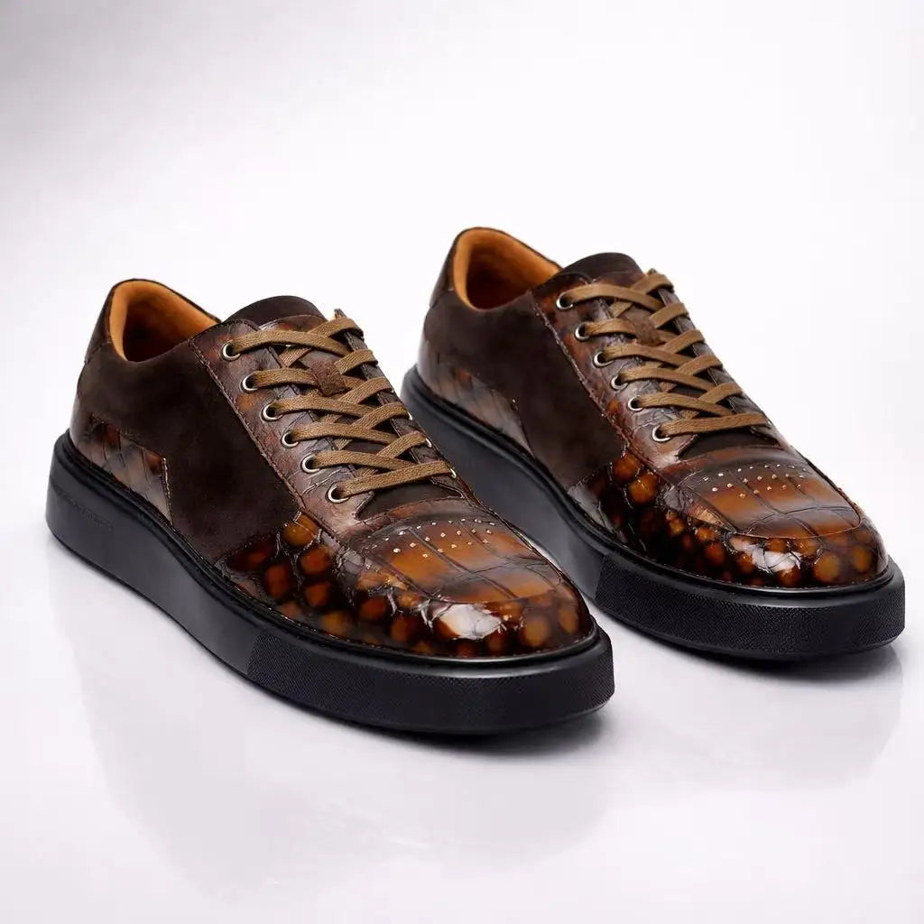 Sneakers Cuir Crocodile Homme Casual Marron Lacets – CLEVI Paris