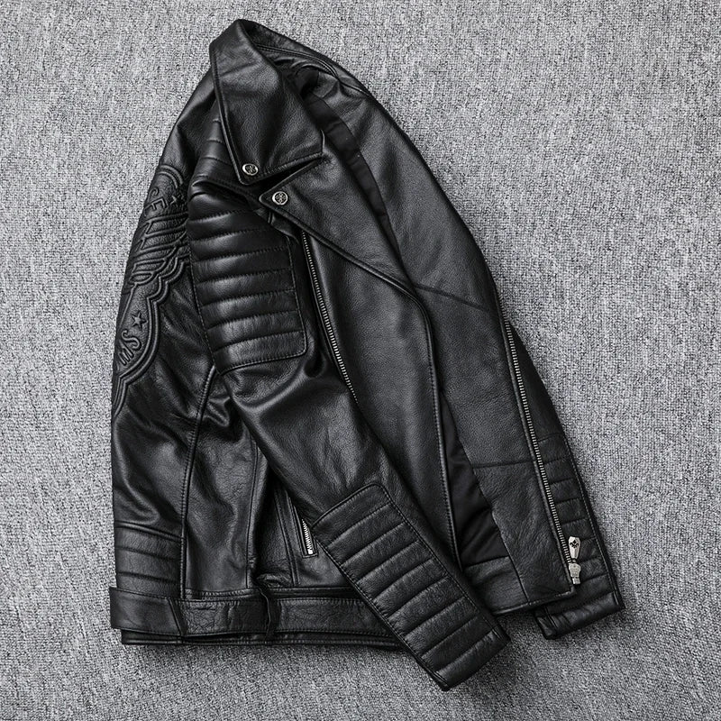 Veste biker homme en cuir noir à col rabattu – CLEVI Paris