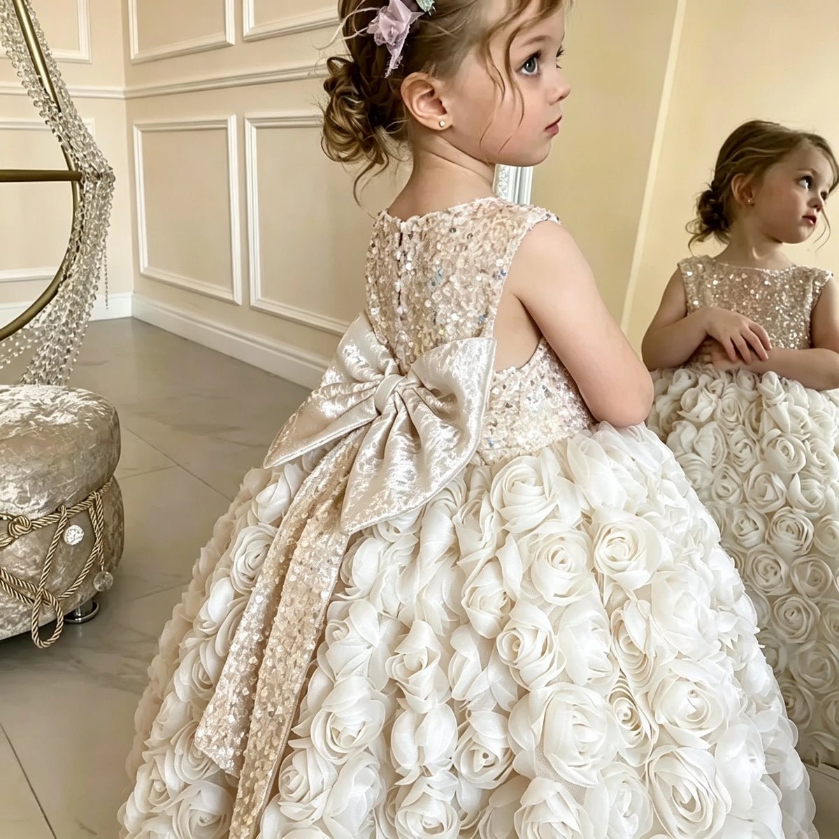 Robe de cérémonie fille à fleurs et sequins – CLEVI Paris