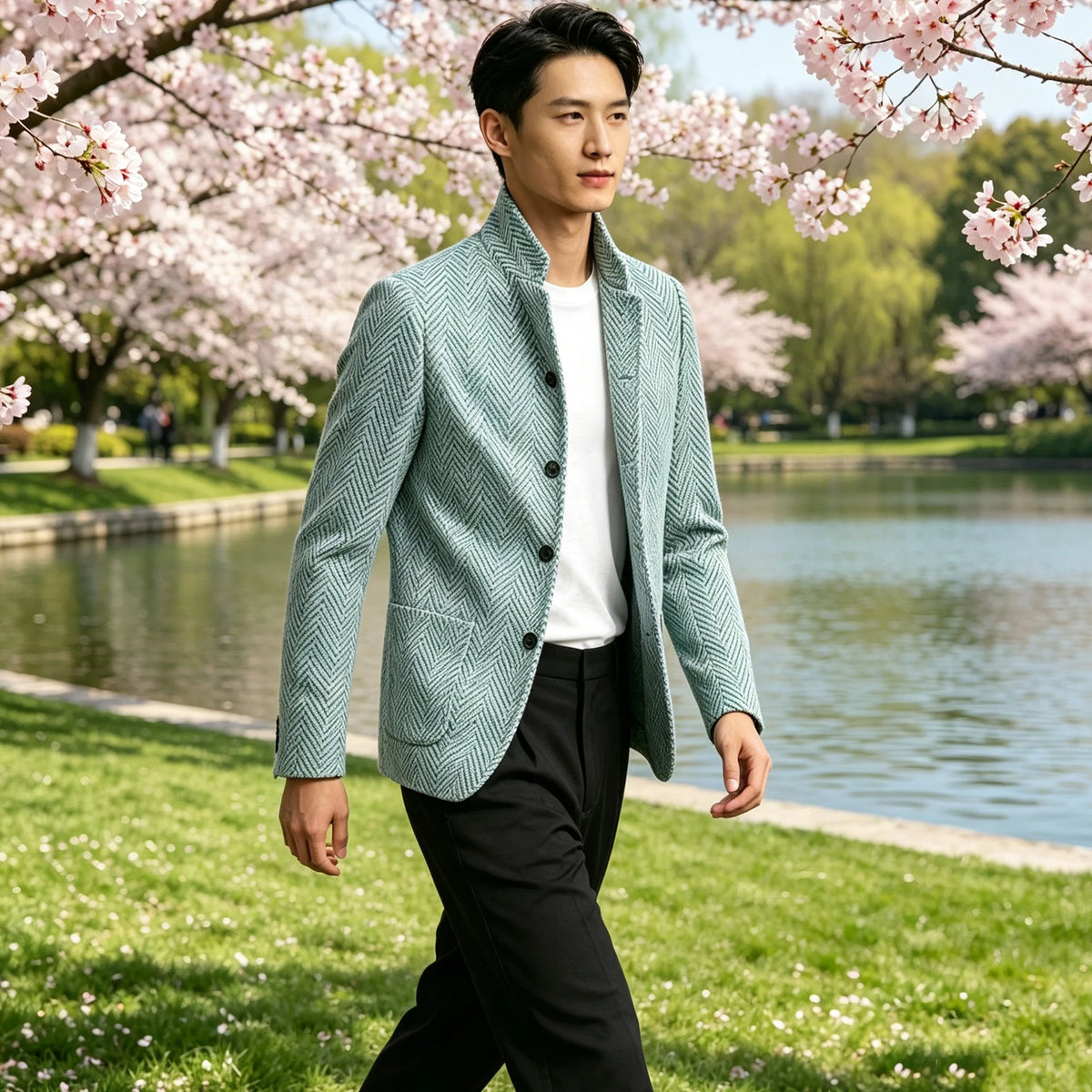 Blazer homme à chevrons, col montant, coupe ajustée – CLEVI Paris