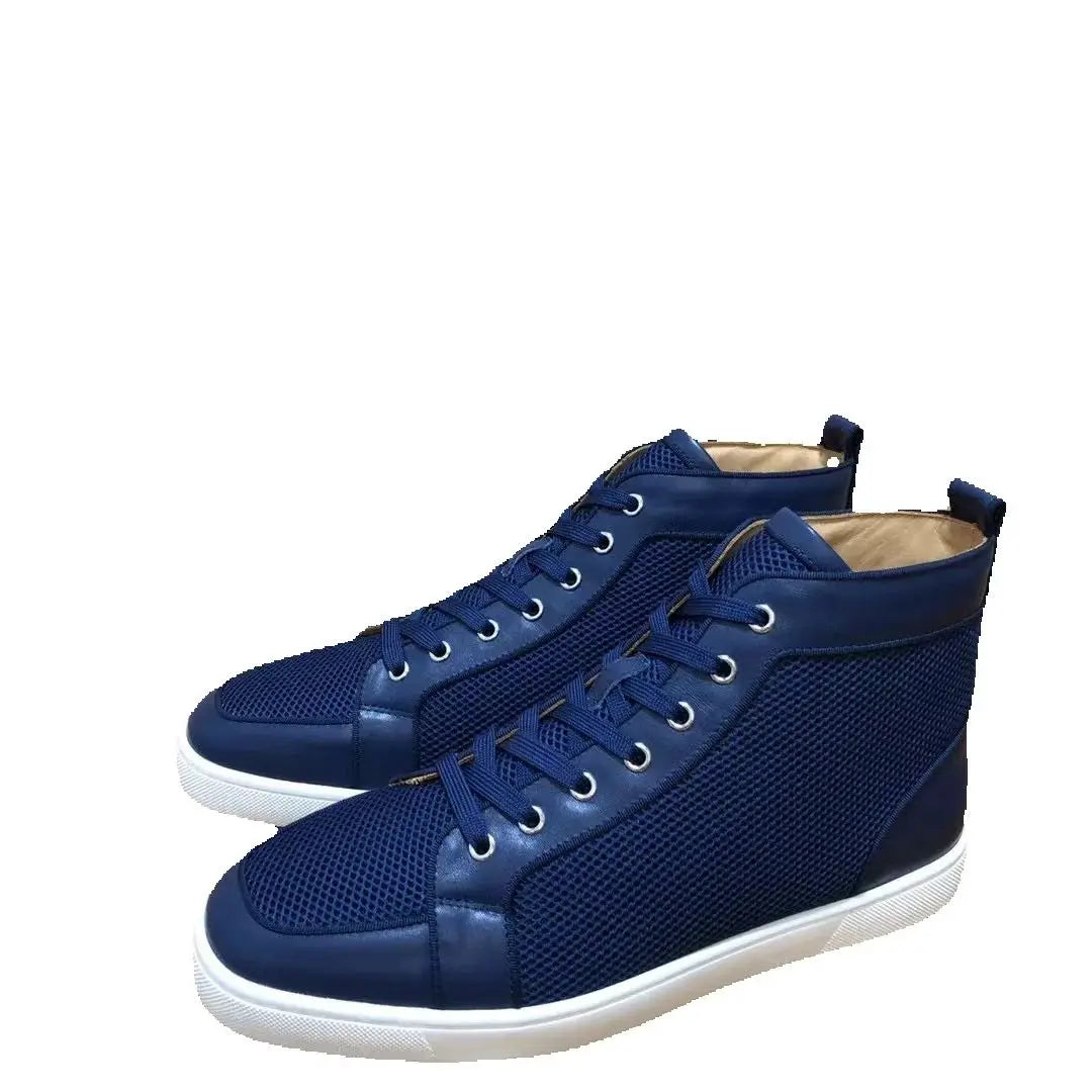 Sneakers Montantes Cuir Grille Bleue Semelle Rouge Unisexe – CLEVI Paris