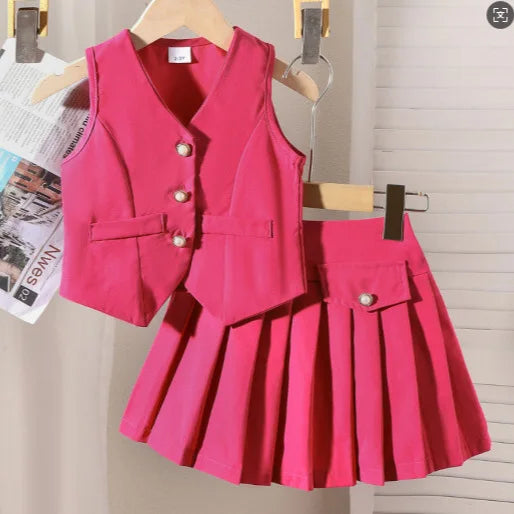 Ensemble fille gilet col V et jupe plissée – CLEVI Paris