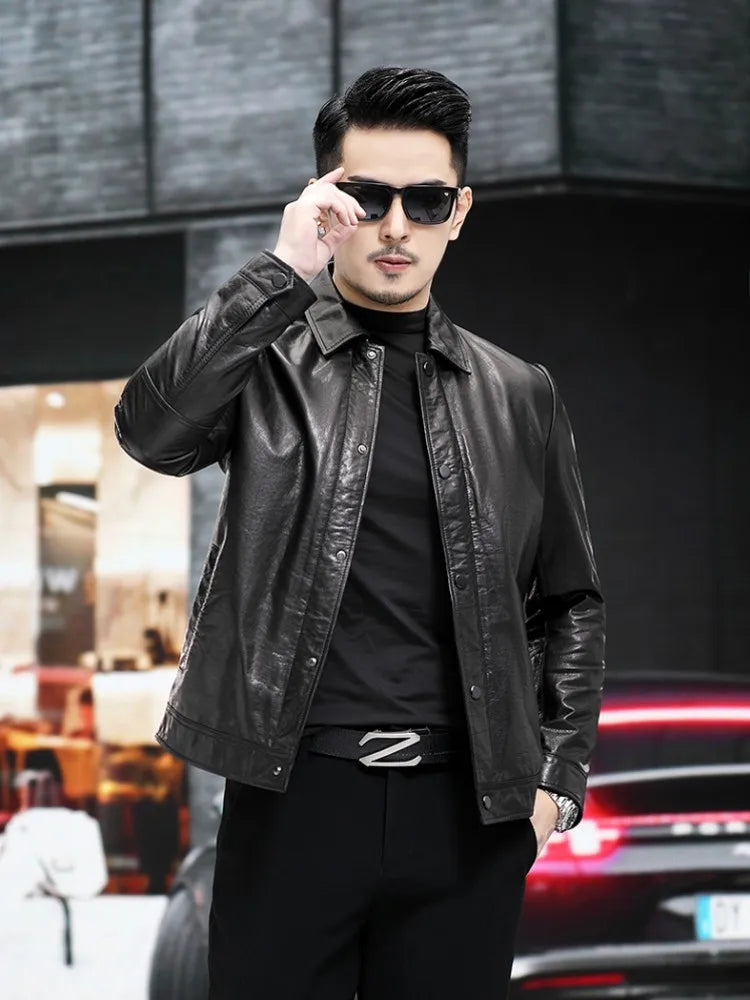Veste homme en cuir noir boutonnée – CLEVI Paris