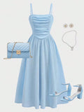 Robe ado bleue à col carré sans manches – CLEVI Paris