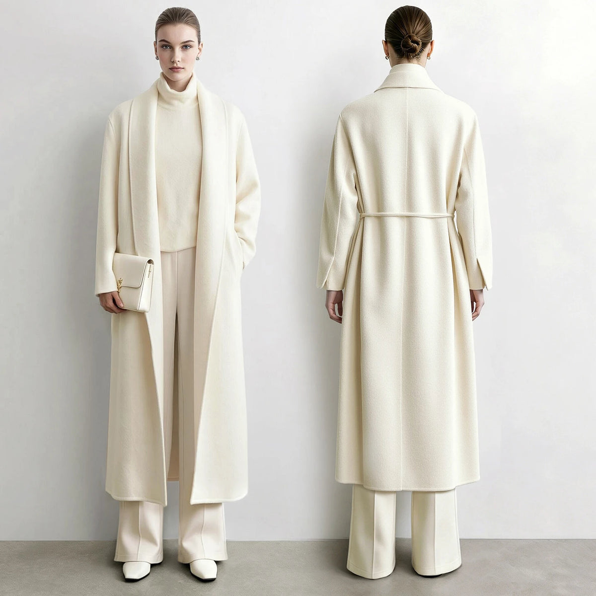 Manteau long AMII en laine et alpaga ceinturé – CLEVI Paris