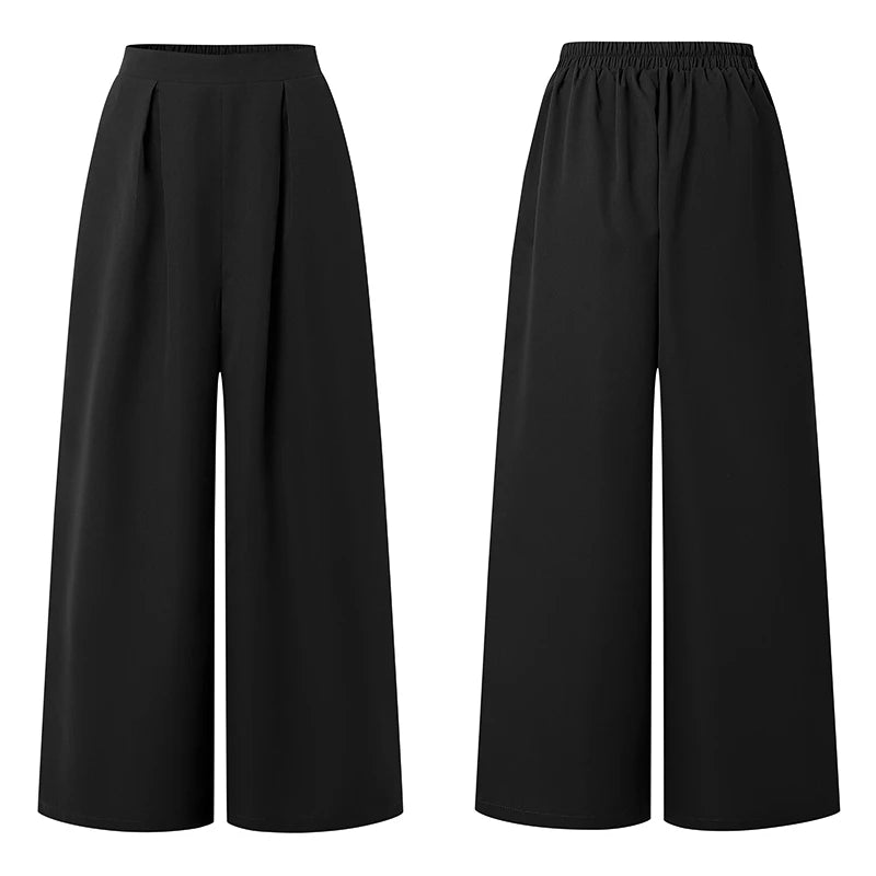 Pantalon Femme Taille Haute Élastique Plis Inversés Jambe Large Bureau Casual – CLEVI Paris