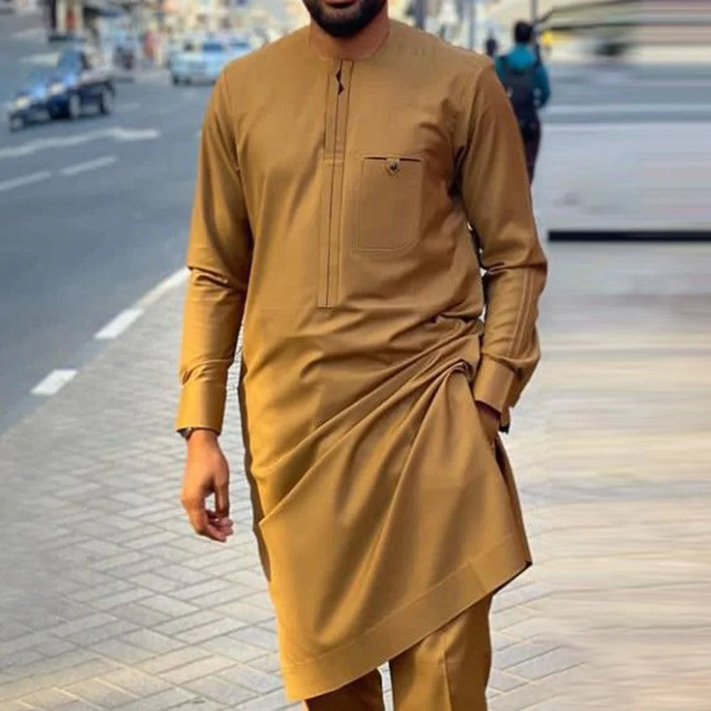 Ensemble Kaftan Homme 2 Pièces Broderie Manches Longues Col Rond + Pantalon Cordon Style Africain Mariage M-4XL – CLEVI Paris