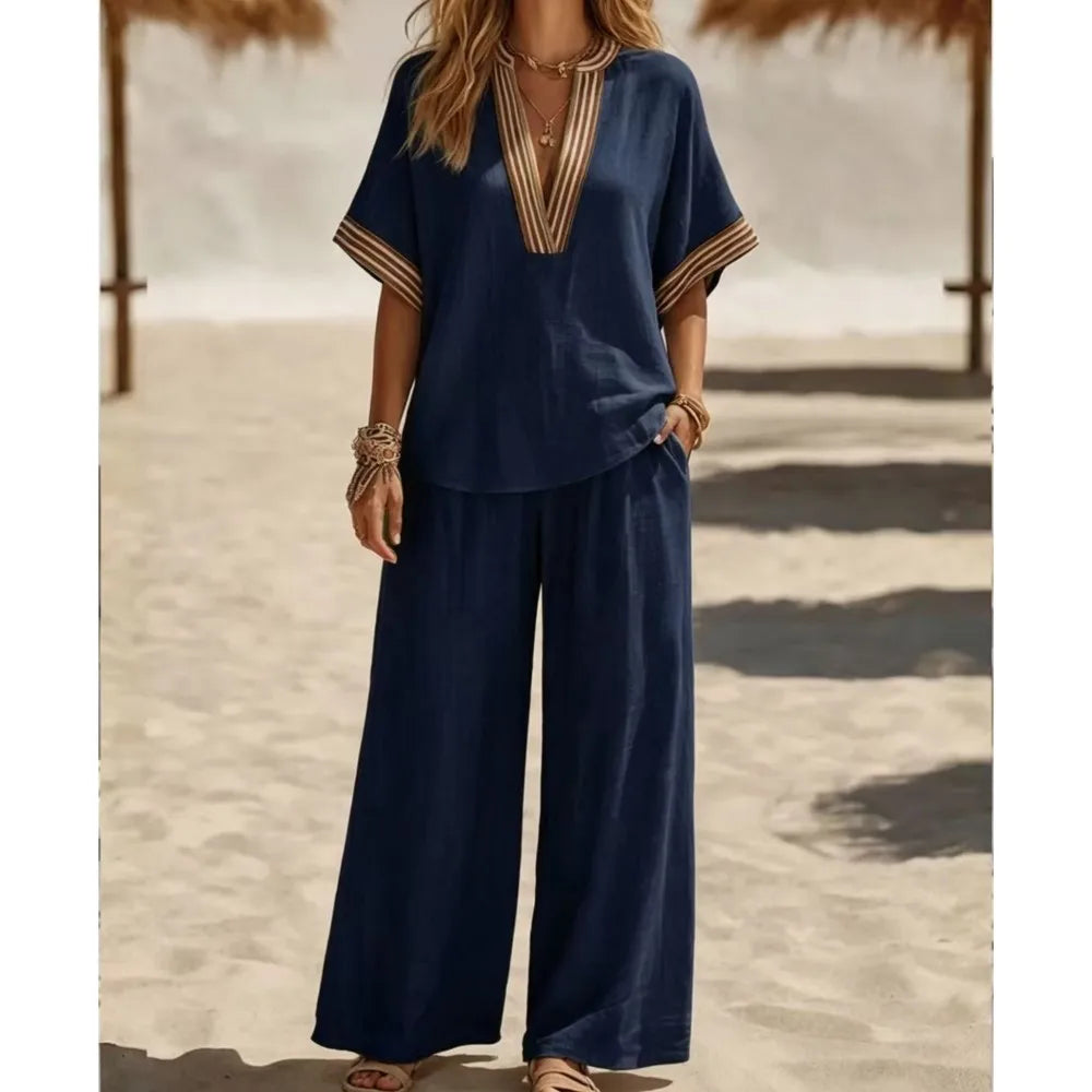 Ensemble femme col V et pantalon ample – CLEVI Paris