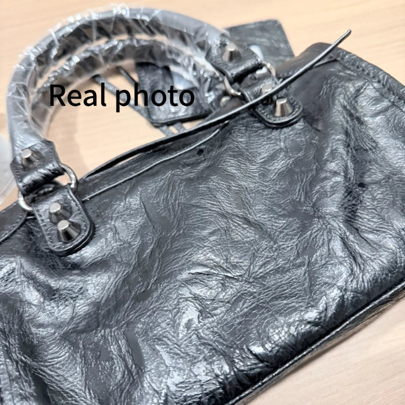 Sac À Main PU Froissé Rivets Femme Miroir & Pompon 4 Tailles – CLEVI Paris